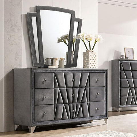 Carissa Art Deco Style Upholstered Dresser w/ Crystal Knobs - Gray