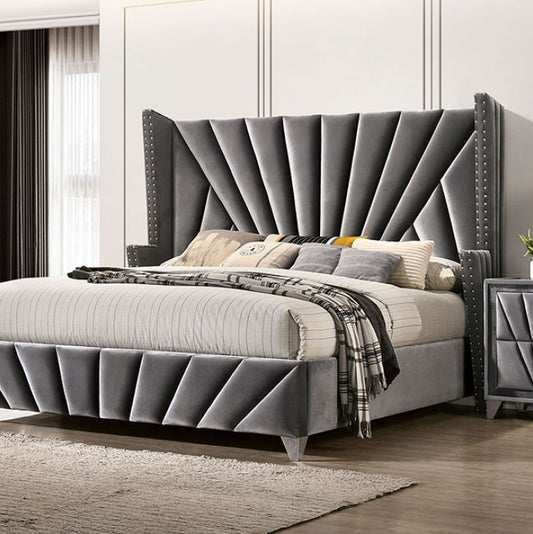 Carissa Art Deco Style King Wingback Bed - Gray