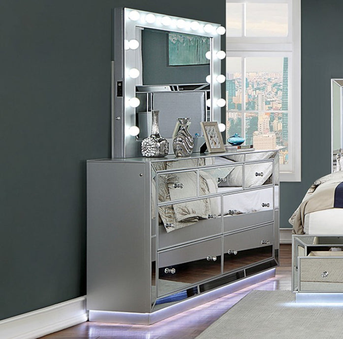 Belladonna 6-Drawer Mirrored Dresser w/ Crystal Knobs & LED Lights