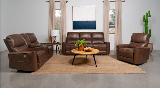 Greenfield Upholstered Power Living Room Set - Saddle Brown