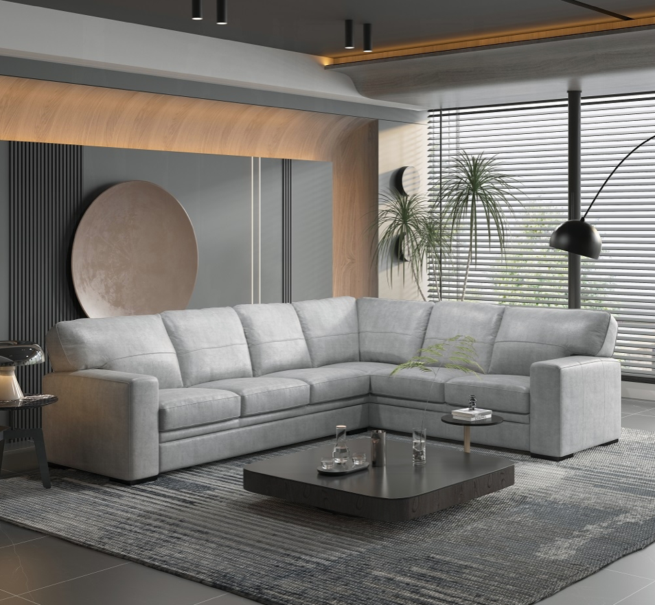 Goma Top Grain Leather Sectional Sofa W/Sleeper - Light Gray