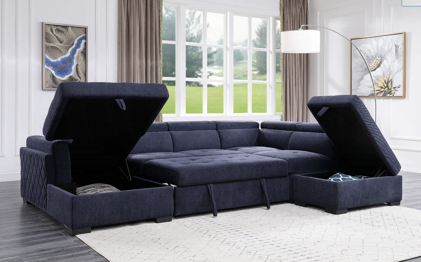 ACME Nekoda Storage Sleeper Sectional Sofa and Ottoman, Navy Blue Fabric 55520