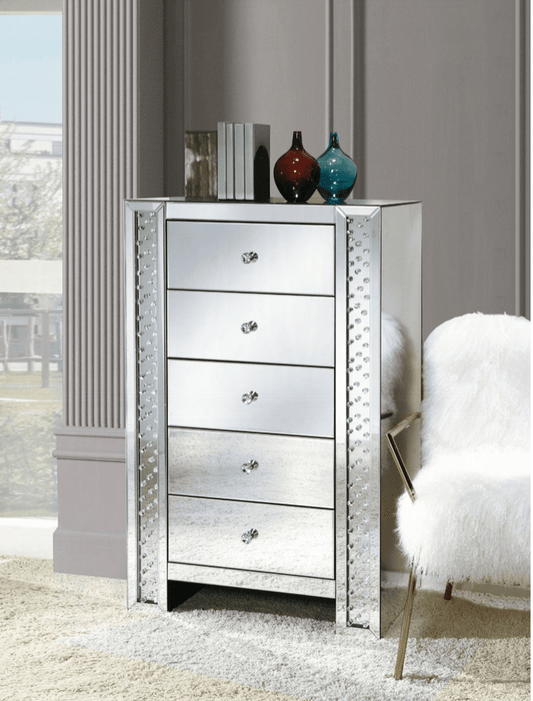 Nysa 5-Drawer Mirrored Chest with Crystal Knobs