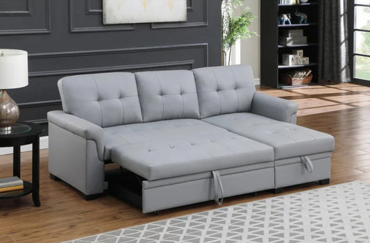 Lexi Gray Vegan Leather Reversible Sleeper Sectional
