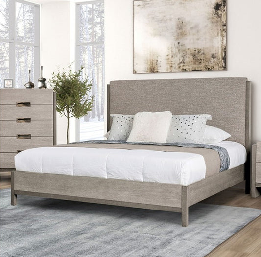 Grimsby Contemporary Wooden Bed with Upholstered Headboard - Stone Gray