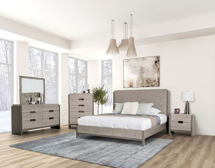 Grimsby Contemporary Wooden Bed with Upholstered Headboard - Stone Gray