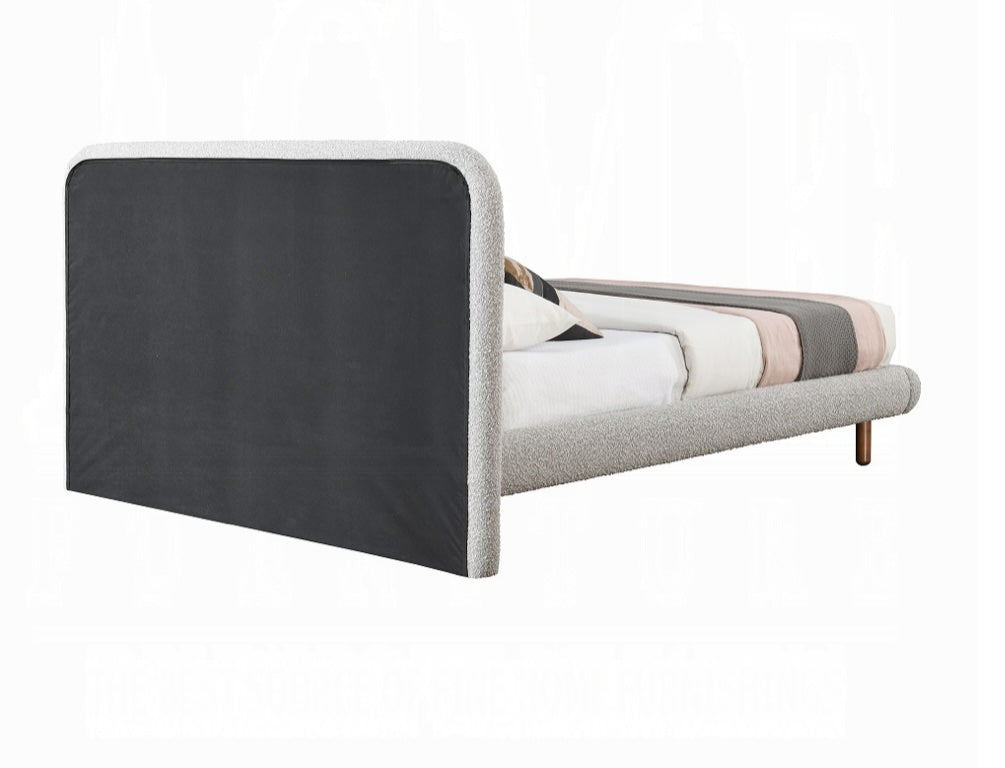 ACME Cleo Contemporary Chunky Gray Boucle Platform Bed with Walnut Feet