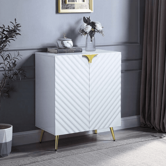 ACME Gaines 2-Door Console Table in White High Gloss & Gold