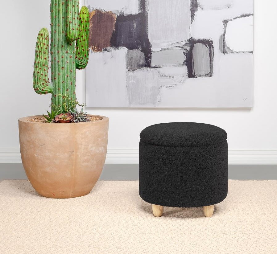 Valia Faux Sheepskin Upholstered Round Storage Ottoman Black