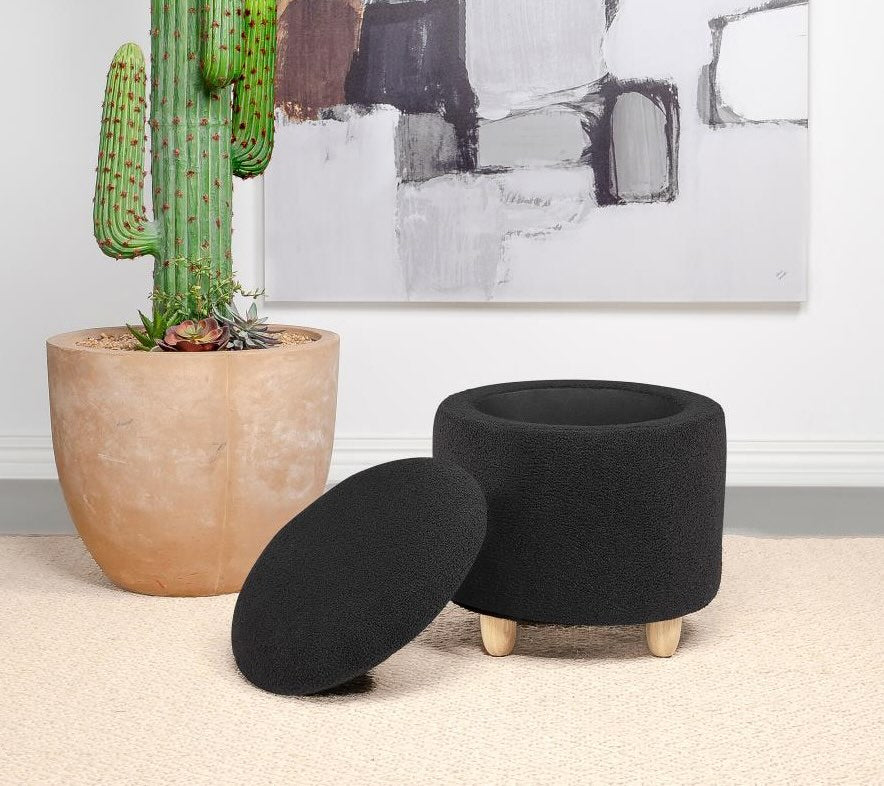 Valia Faux Sheepskin Upholstered Round Storage Ottoman Black