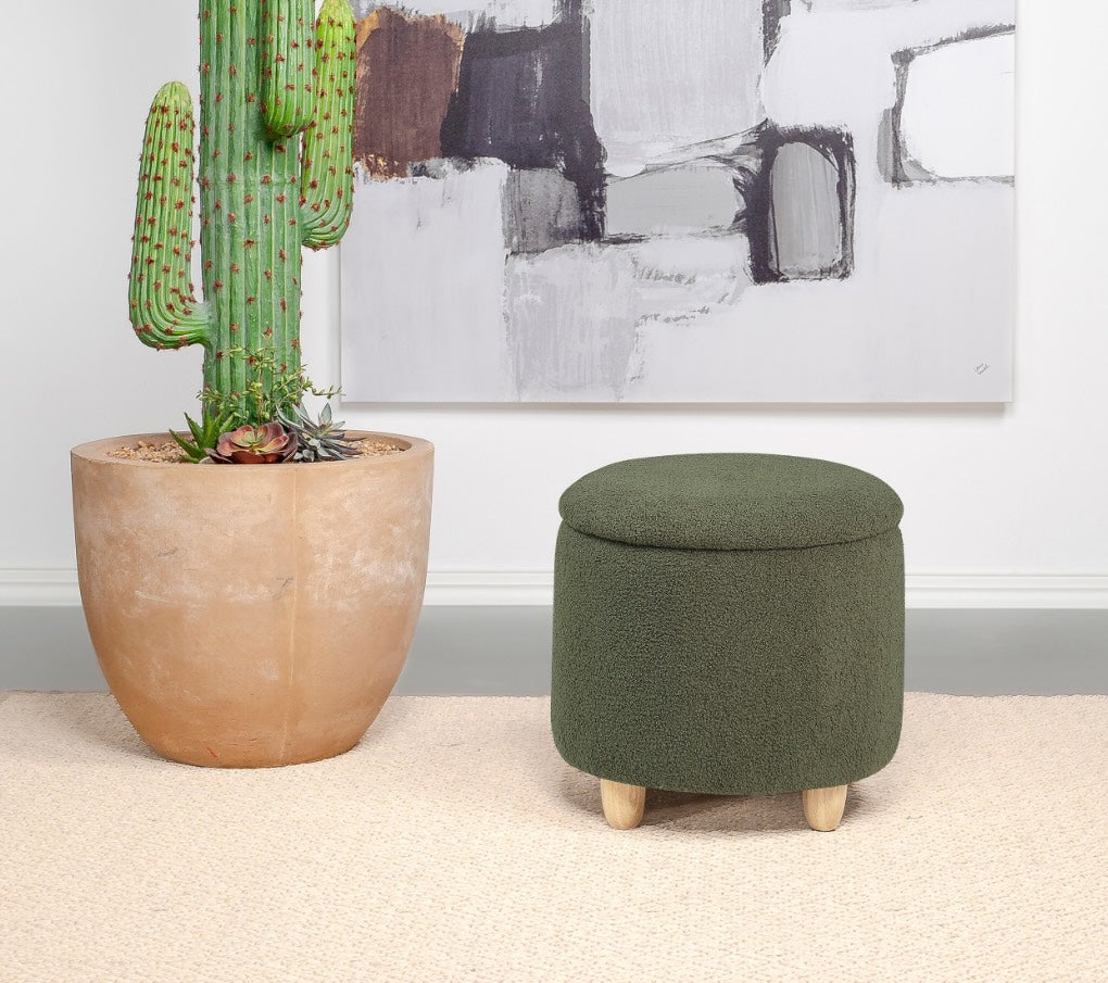 Faux Sheepskin Upholstered Round Storage Ottoman Green