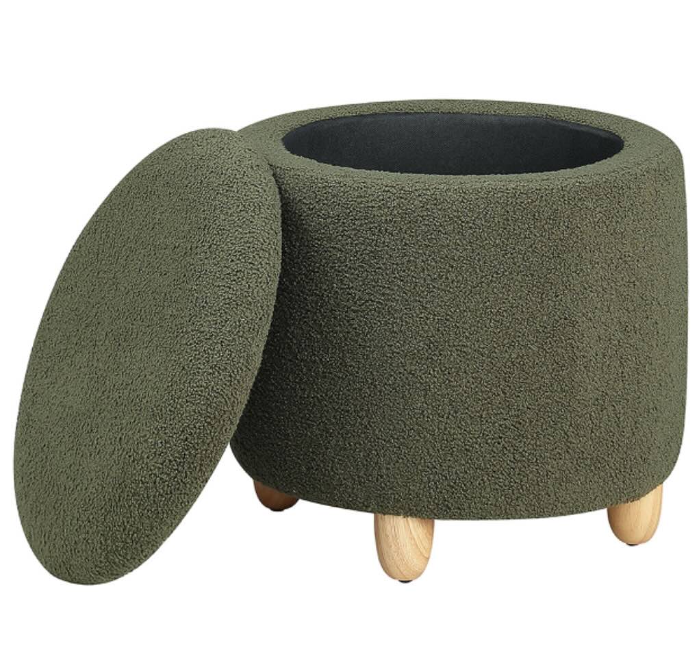 Faux Sheepskin Upholstered Round Storage Ottoman Green