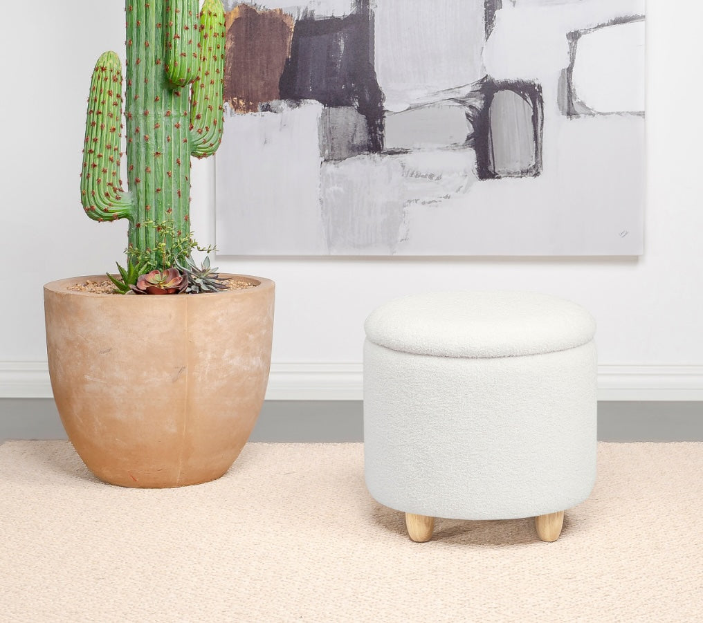 Faux Sheepskin Upholstered Round Storage Ottoman Ivory