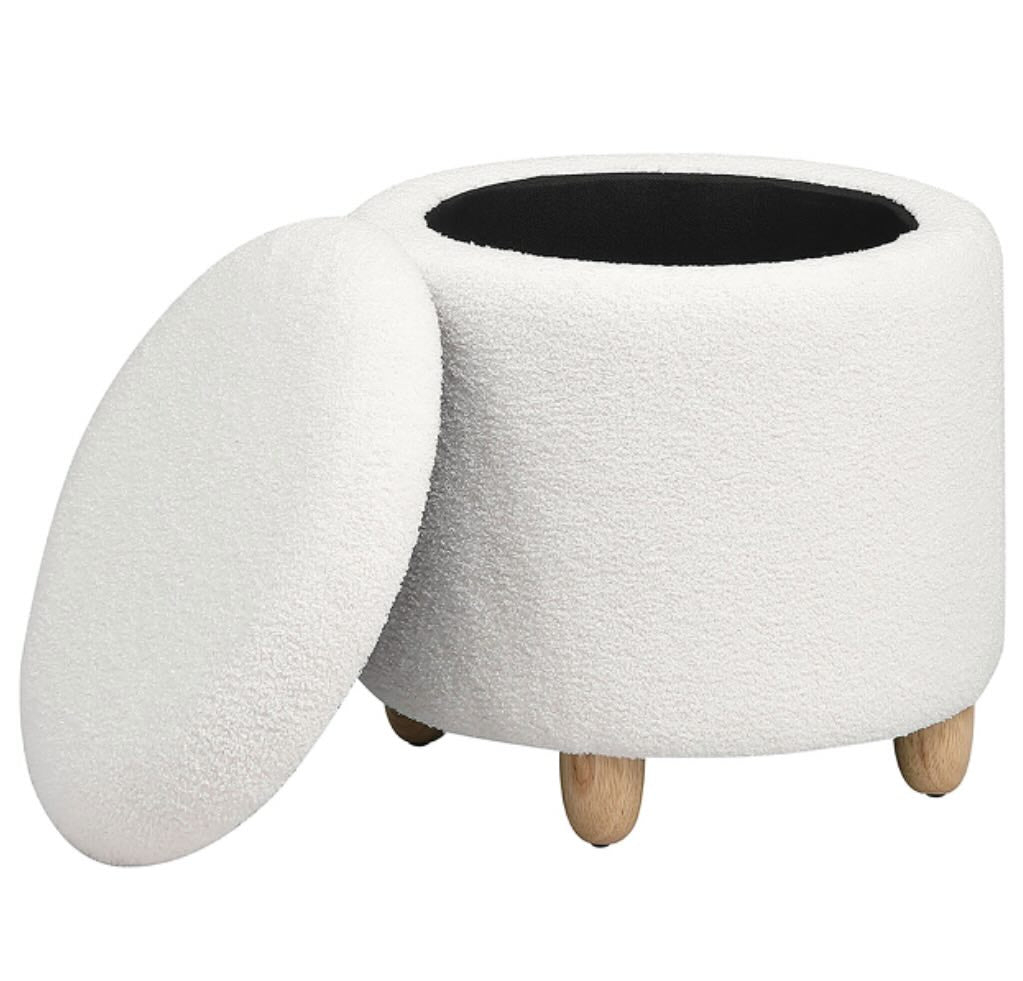 Faux Sheepskin Upholstered Round Storage Ottoman Ivory