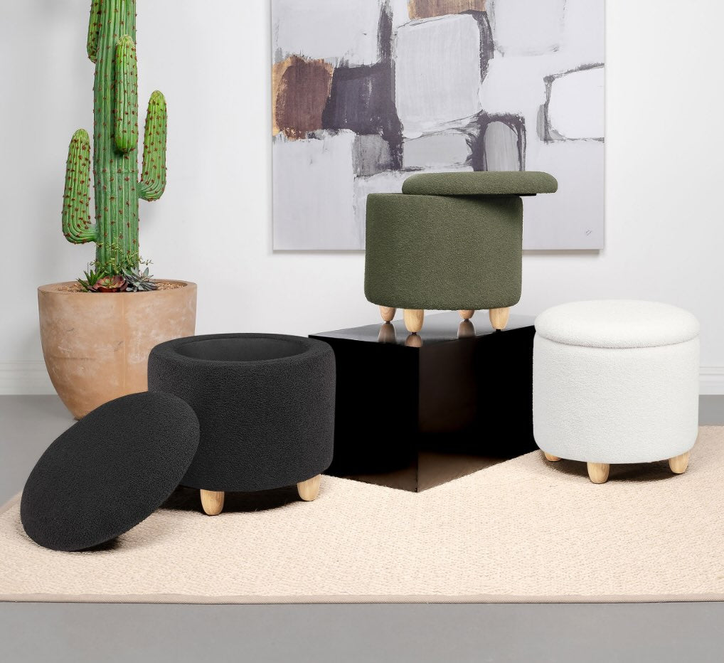 Faux Sheepskin Upholstered Round Storage Ottoman Ivory