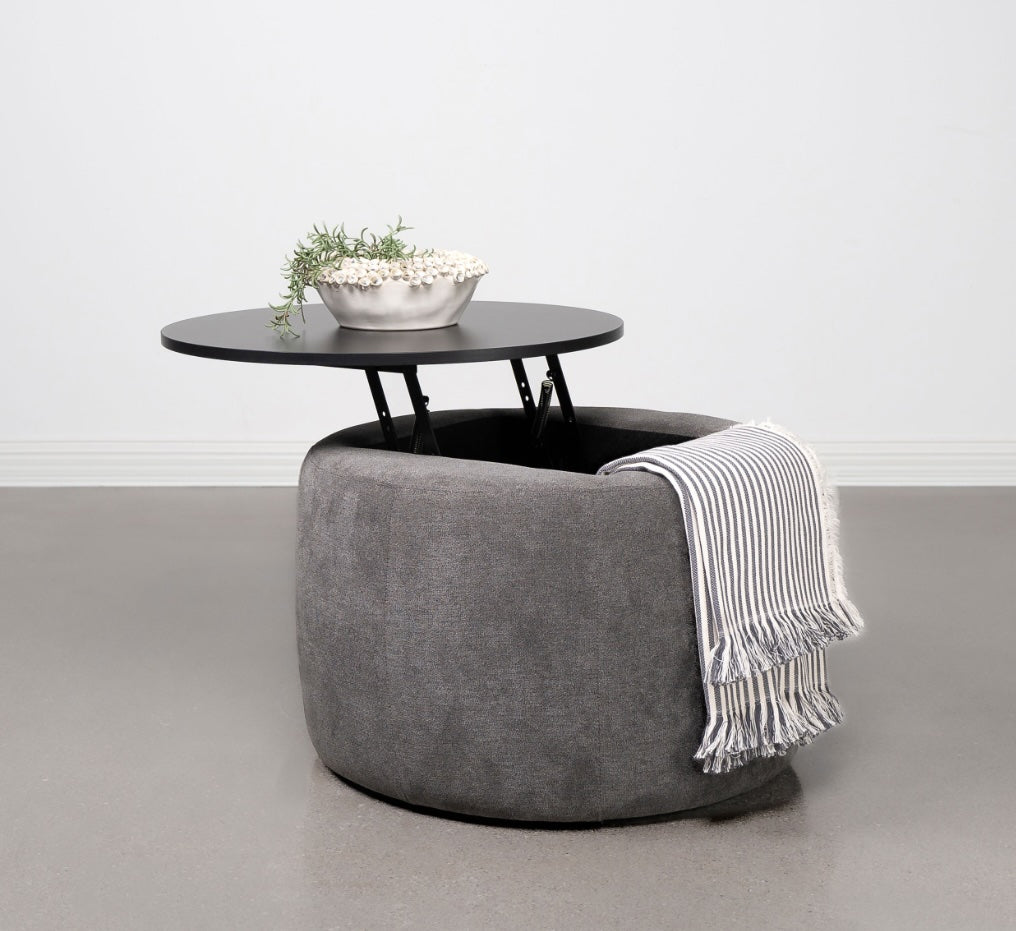 Tesoro Upholstered Round Lift Top Storage Ottoman Grey And Black