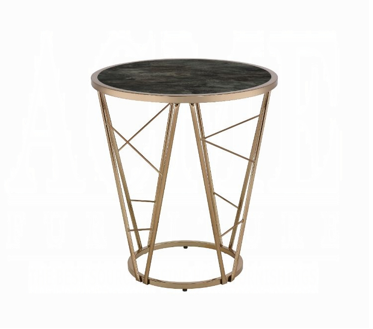 ACME Cicatrix End Table, Faux Black Marble Glass & Champagne Finish 83300