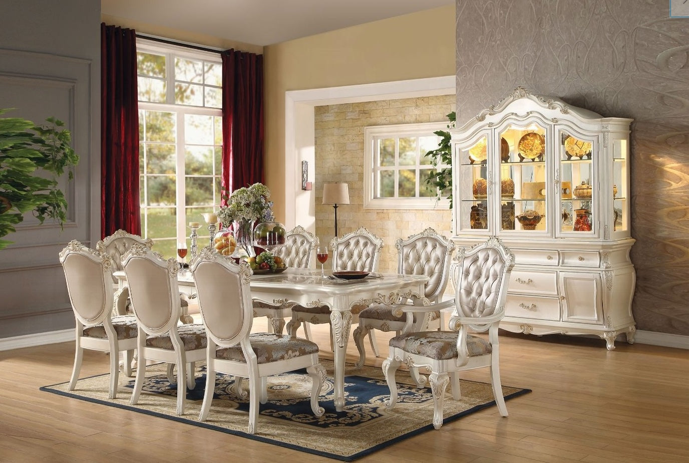 Chantelle 9-Piece Marble Top Dining Set - Pearl White