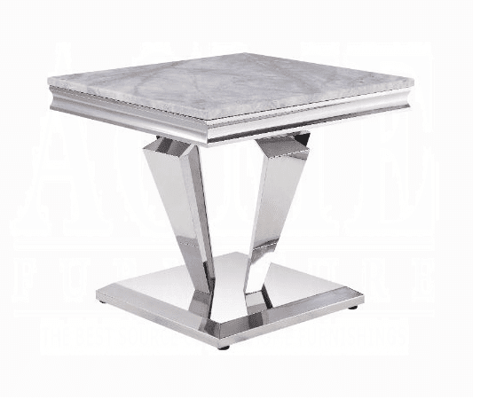 ACME Satinka End Table, Light Gray Faux Marble & Mirrored Silver Finish