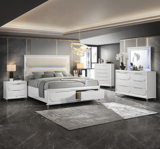 Tarian King Bedroom Set W/Led & Storage - Pearl White