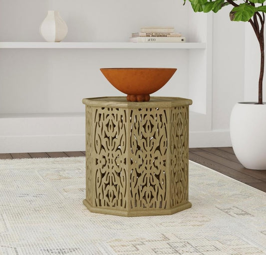 Torres Octagonal Solid Wood Side Table With Intricate Openwork Carvings Natural Brown