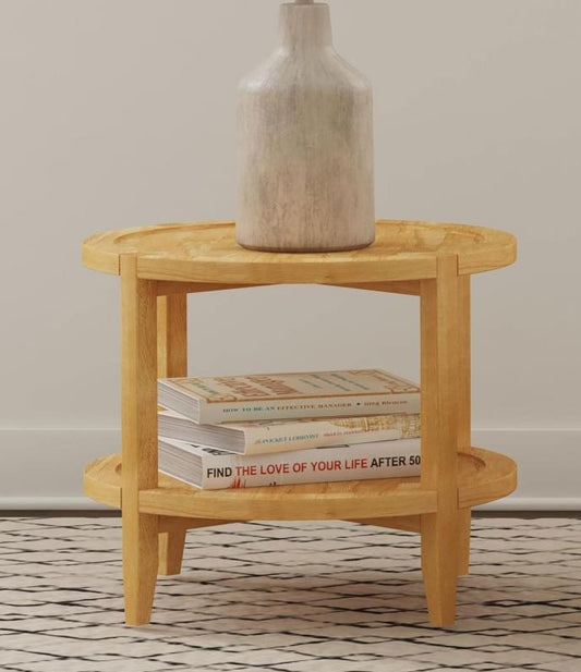 Camillo Round Solid Wood End Table With Shelf Maple Brown