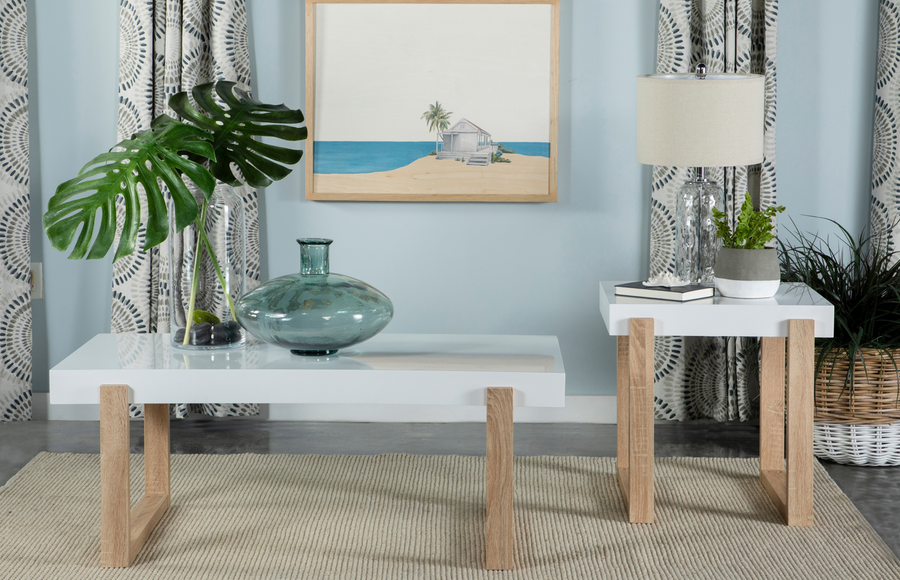 Rectangular Coffee Table with Sled Base White High Gloss and Natural