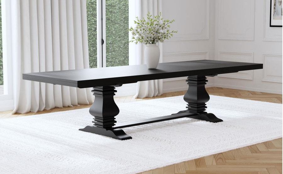 Florence 126" Solid Wood Dining Table w- Draw Leaf, Distressed Black