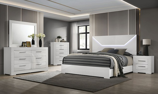 Whitby King Size Glam Bedroom Collection in High Gloss with LED, White