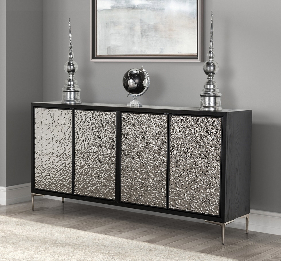 Beckham Modern 4-Door Cabinet in Weathered Black & Silver