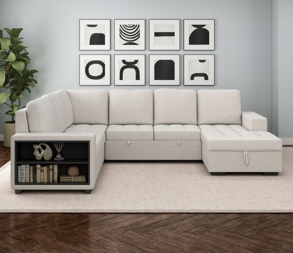 Stockwell Modern Biscuit Tufted Seat Sleeper Sofa Sectional with Storage Shelves and USB Ports