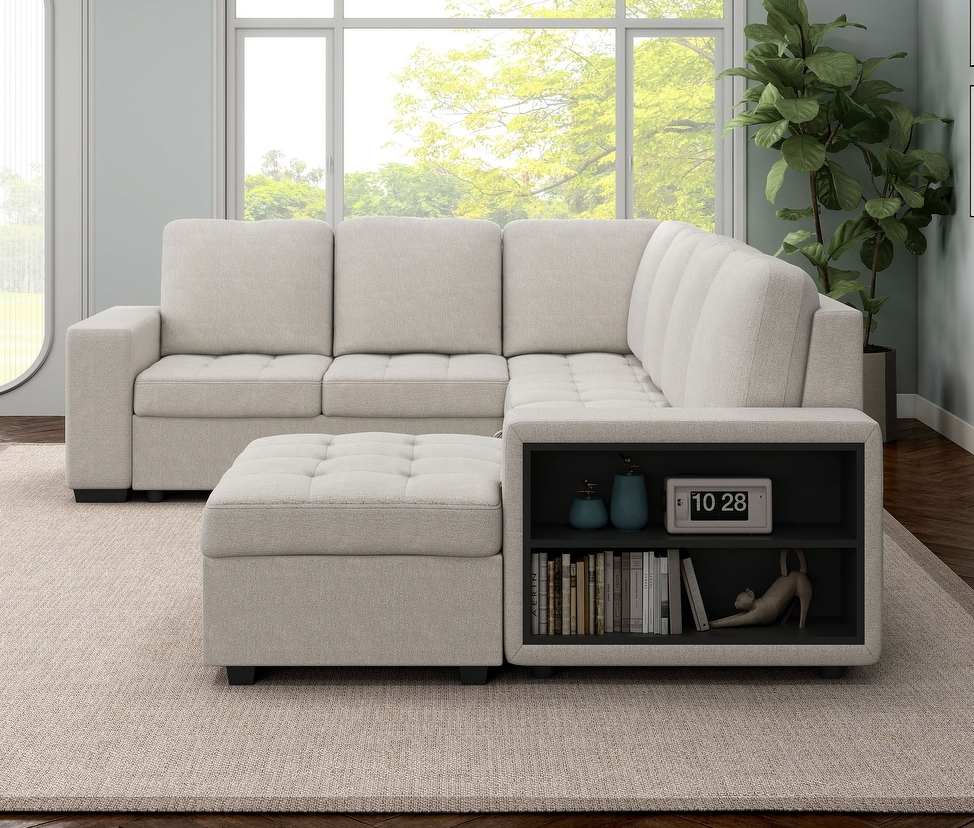 Stockwell Modern Biscuit Tufted Seat Sleeper Sofa Sectional with Storage Shelves and USB Ports