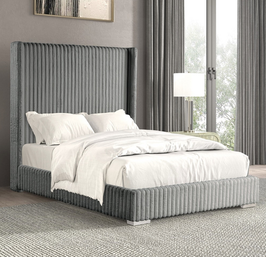 Cadwell Queen Size Contemporary Fur Chenille Platform Bed with 68" Headboard, Gray