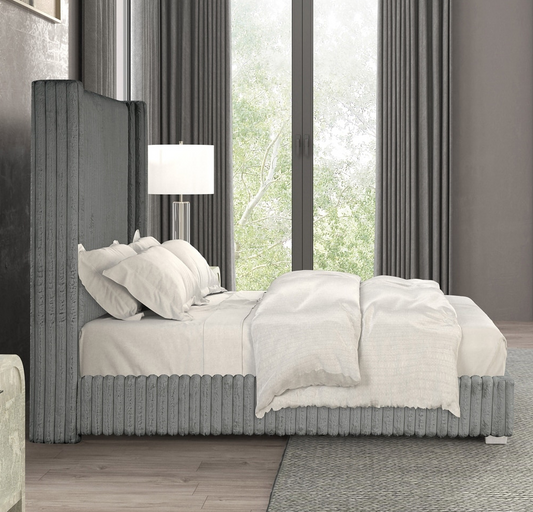 Cadwell Queen Size Contemporary Fur Chenille Platform Bed with 68" Headboard, Gray