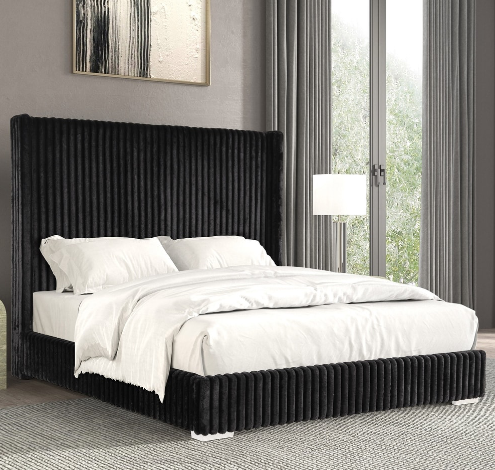 Cadwell Queen Size Contemporary Fur Chenille Platform Bed with 68" Headboard, Black