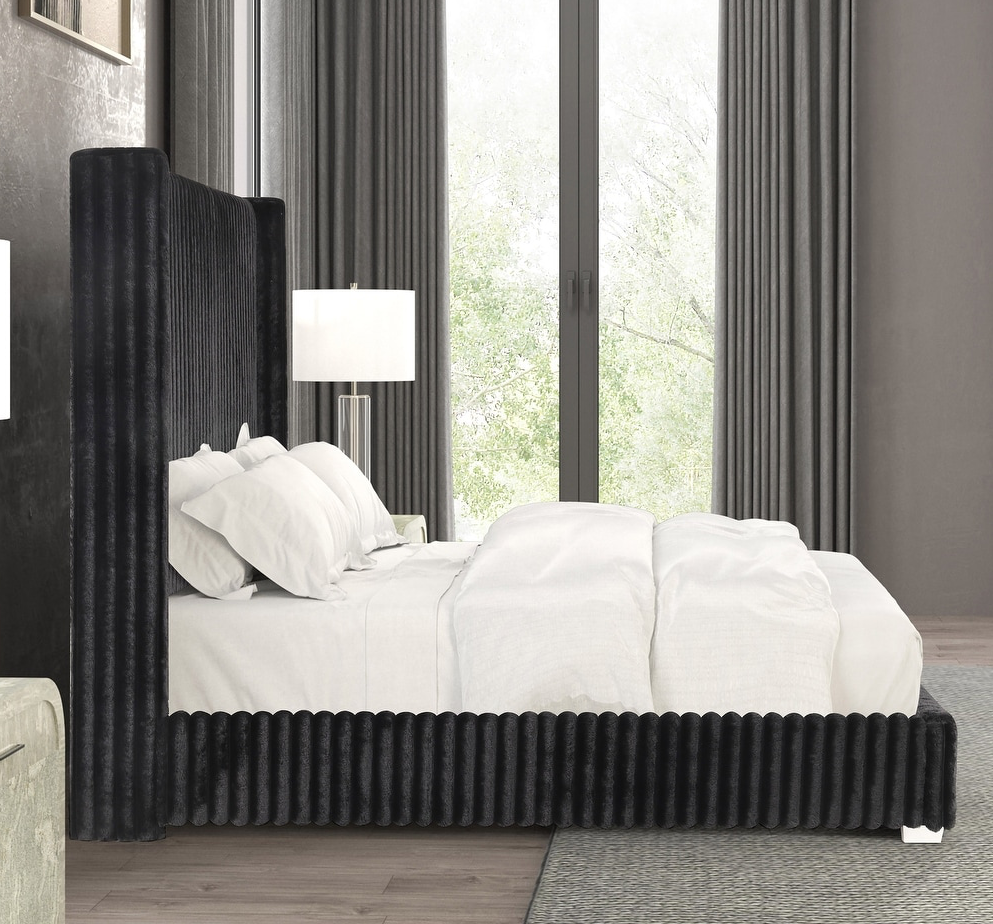 Cadwell Queen Size Contemporary Fur Chenille Platform Bed with 68" Headboard, Black