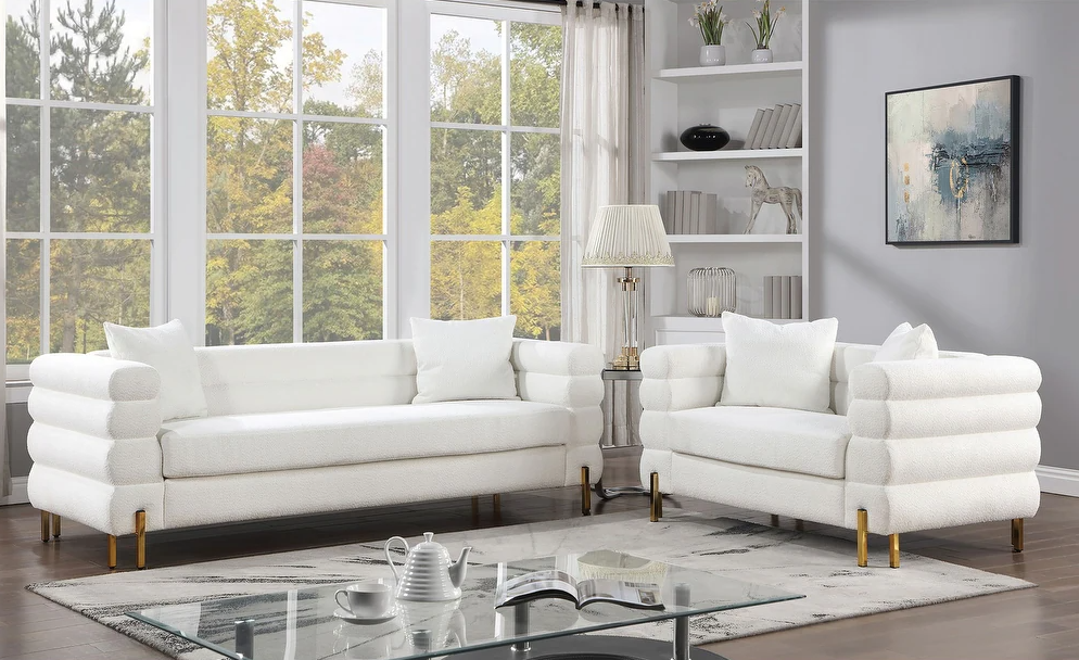 Landovery Contemporary Boucle Sofa - White & Gold