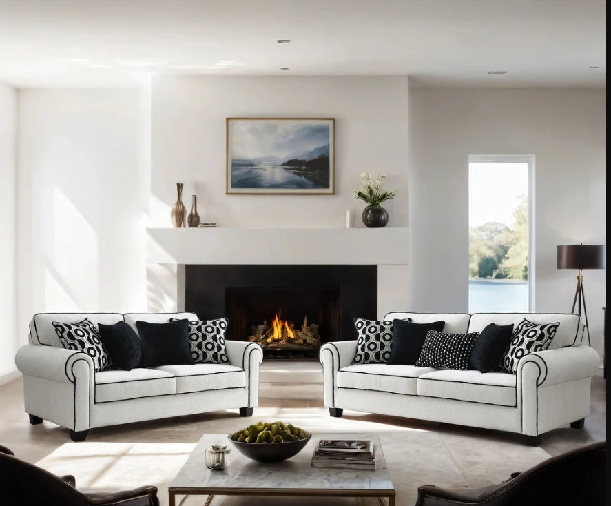 Viviani Transitional White Chenille Upholstered Sofa