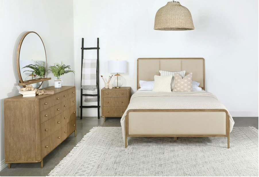 Arini King Bedroom Set in Wire Brushed Sand Finish & Cream Upholstered Headboard