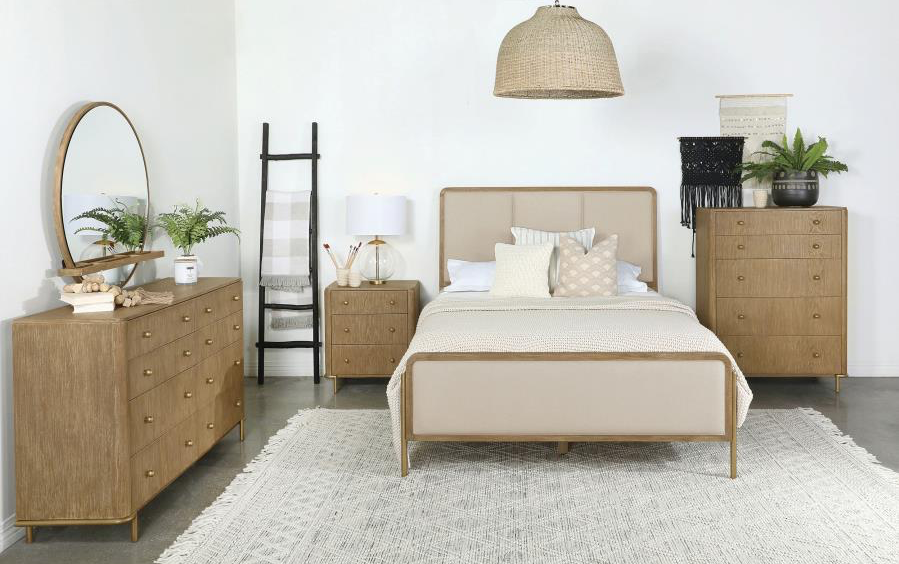Arini King Bedroom Set in Wire Brushed Sand Finish & Cream Upholstered Headboard