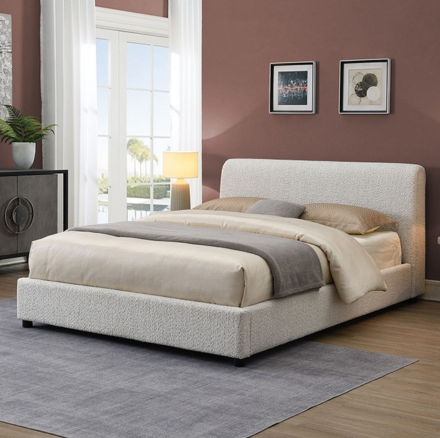 Vertham Contemporary White Boucle Full Platform Bed with Round Wood Legs