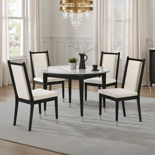 Maidstone 5-Piece Round Dining Set – Black & White with Chenille Chairs