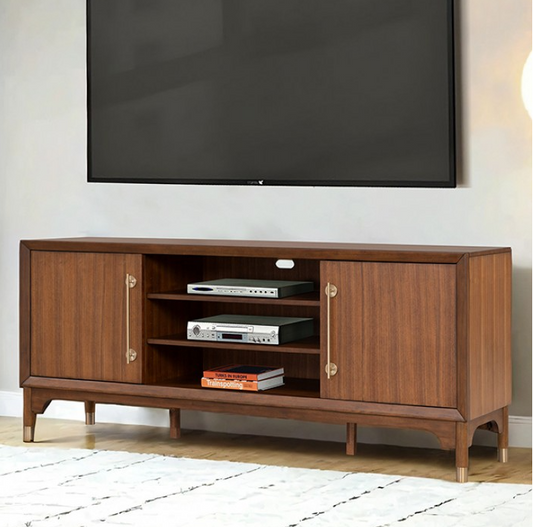 Hepburne 70" Mid-Century Modern Tv Stand, Walnut & Gold