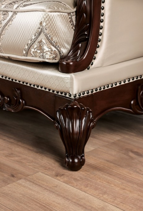 Traditional Arm Chair – Beige Fabric & Dark Cherry Wood