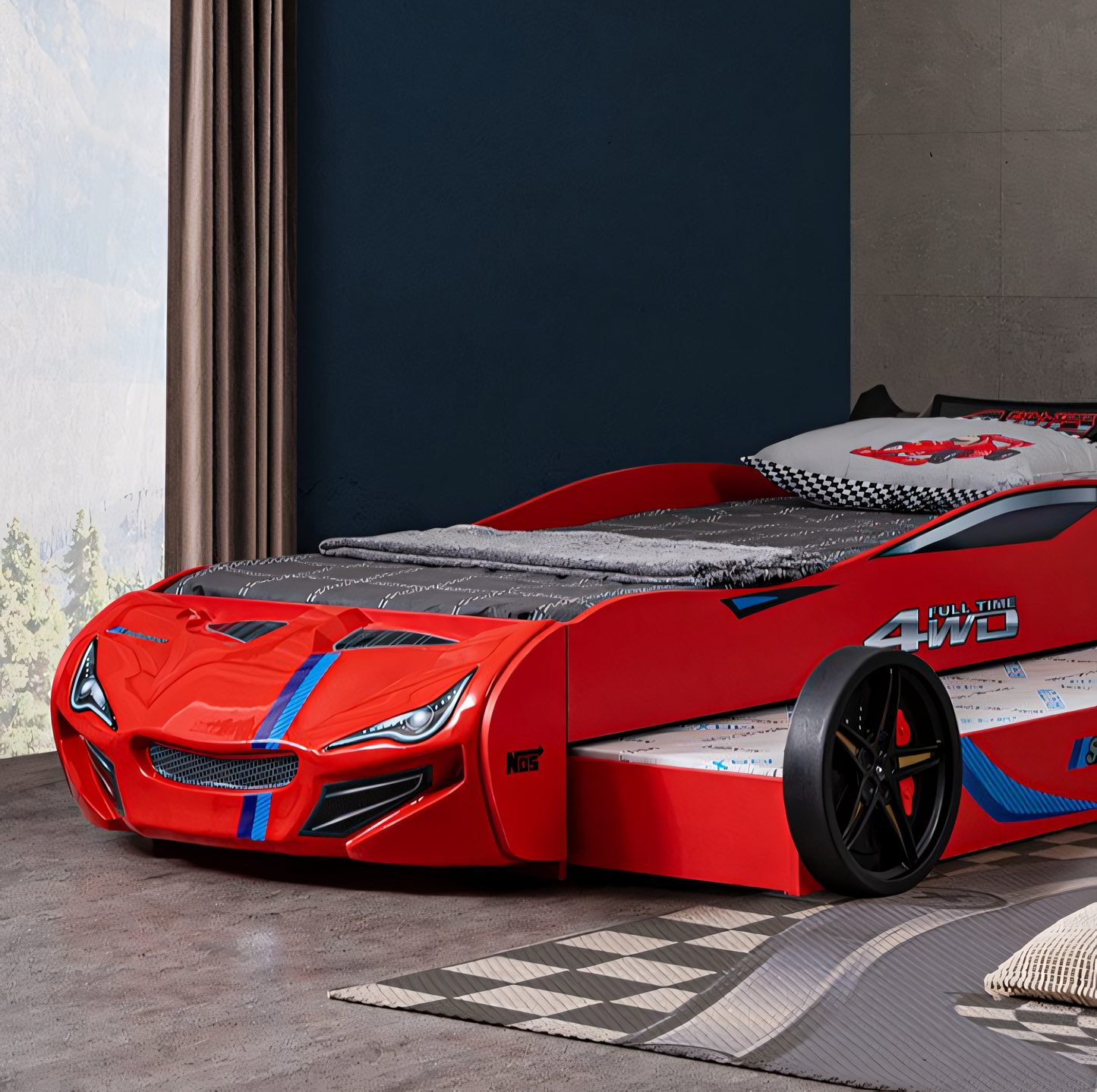 Tracklite Red Race Car Twin Bed – High Gloss Kids Novelty Bed - Red