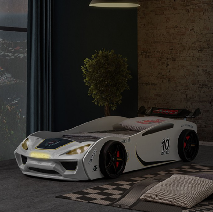 Pacefinder White LED Race Car Twin Bed – Low Profile Kids Novelty Bed