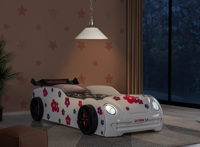 Journey White Floral Kids Race Car Twin Bed with LED Lights