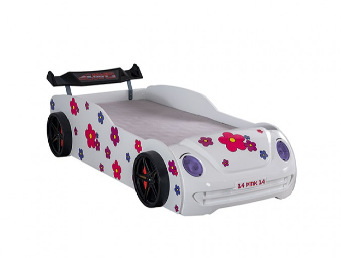 Journey White Floral Kids Race Car Twin Bed with LED Lights