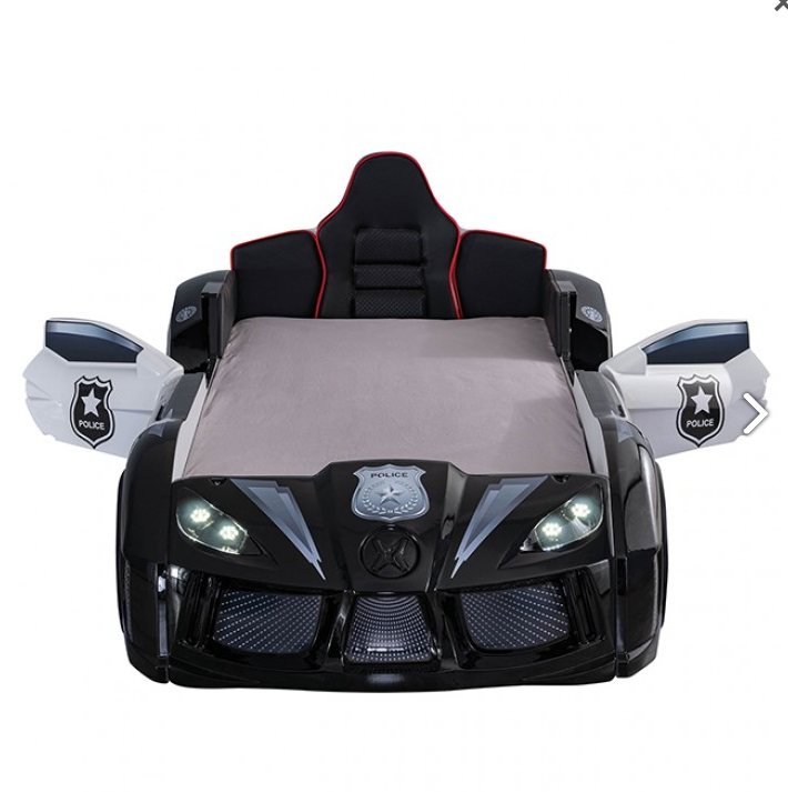 Patrolene Police Theme Twin Race Car Bed with LED Lights & Sound – Black/White