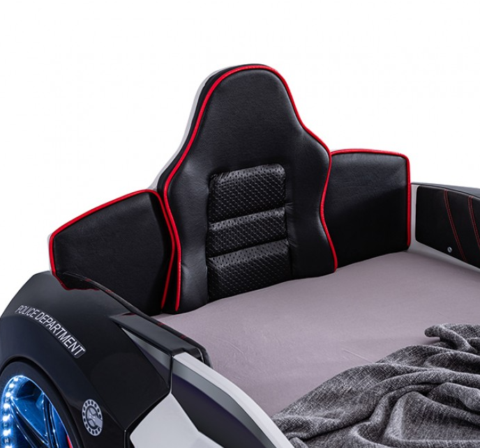Patrolene Police Theme Twin Race Car Bed with LED Lights & Sound – Black/White